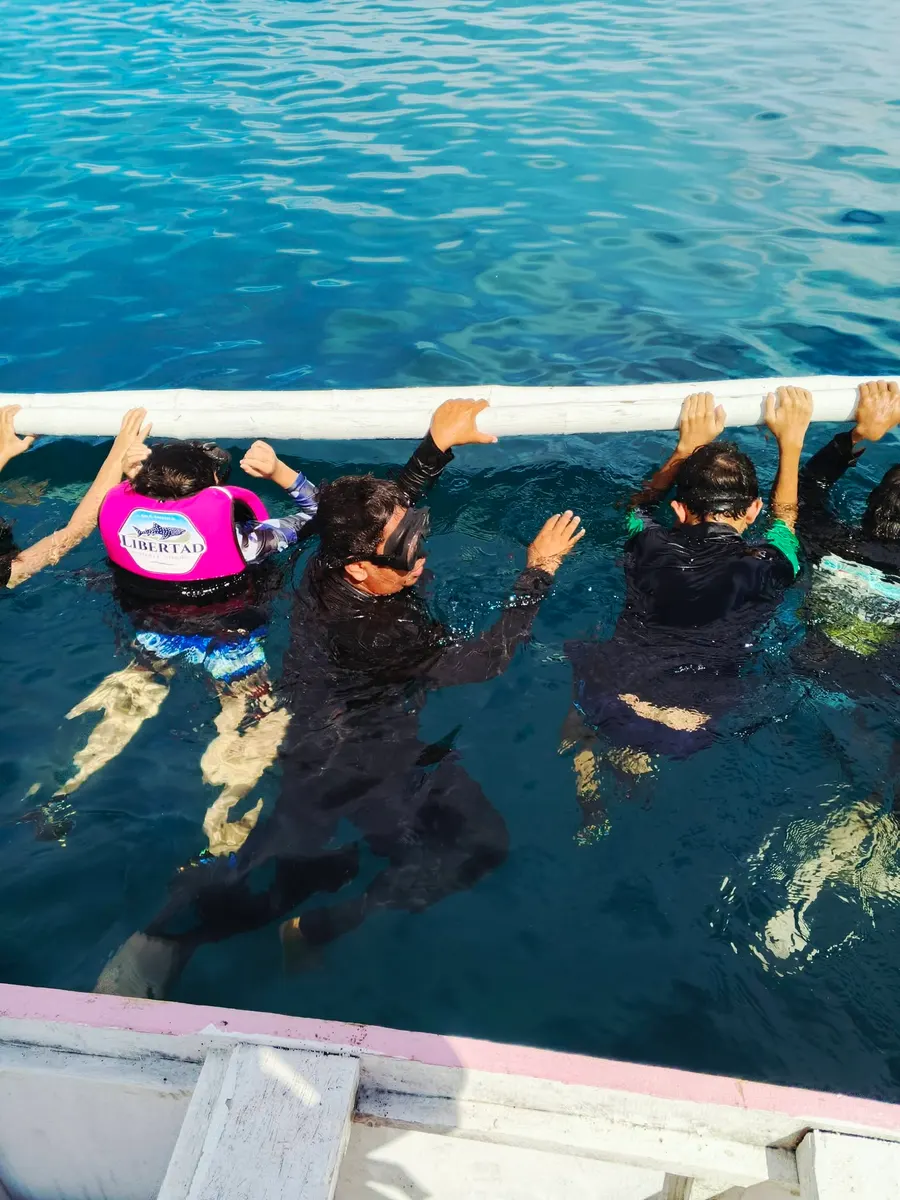 Guests holding onto a boat rail in turquoise water